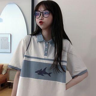 Contrast Color Shark Print Short-sleeve Polo Shirt