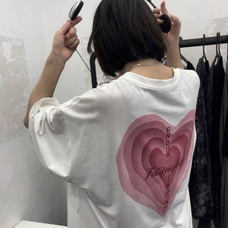 Elbow-sleeve Heart Lettering Print T-shirt