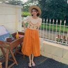 Puff-sleeve T-shirt / Flower Embroidered Camisole Top / Midi A-line Skirt