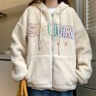 Letter Embroidered Fleece Zip-up Hoodie