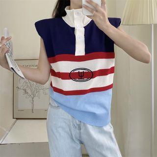 Cap-sleeve Striped Polo-neck Knit Top White & Navy Blue & Red - One Size