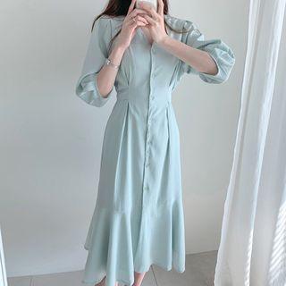 V-neck Elbow-sleeve Ruffle Hem Sheath Dress