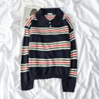Long Sleeve Striped Knit Polo Shirt Rainbow Stripe - One Size