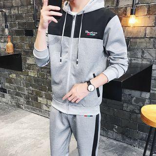 Set: Letter Embroidered Color Panel Hooded Jacket + Sweatpants