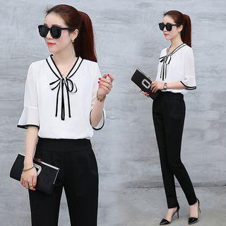 Set: Elbow-sleeve Blouse + Slim-fit Pants