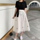 Short-sleeve Ribbon T-shirt / Mesh Overlay Polka Dot A-line Midi Skirt