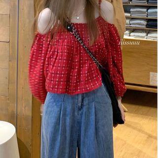 Off-shoulder Chiffon Plaid Shirt