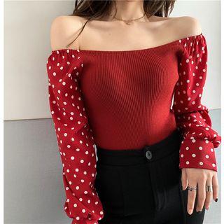 Lantern-sleeve Off-shoulder Polka Dot Knit Top