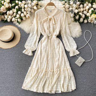 Bow Collar Long-sleeve Lace Dress