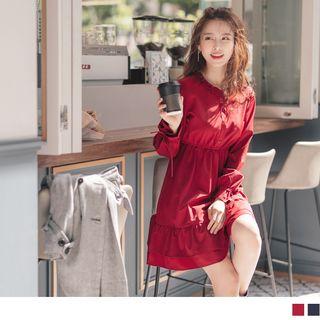Frill-trim Lace-up Long Sleeve A-line Dress