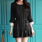 Lace-cuff Pleated Mini Dress With Sash