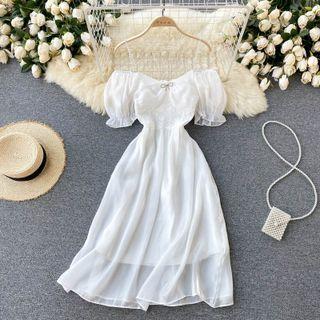 Off-shoulder Puff-sleeve Chiffon Spaghetti-strap Dress