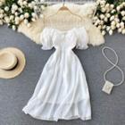 Off-shoulder Puff-sleeve Chiffon Spaghetti-strap Dress