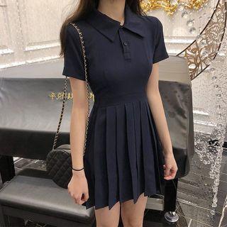 Plain Pleated Mini A-line Polo Dress