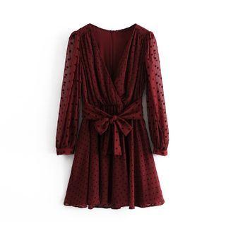 Dotted Tie-waist Mini A-line Dress