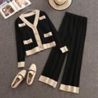 Set: Color Panel Cardigan + Wide-leg Knit Pants Black - One Size