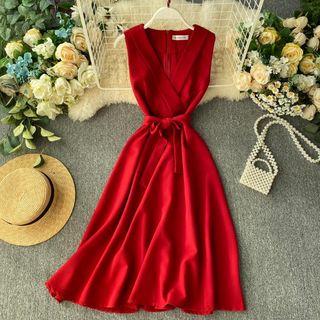 Sleeveless Wrap Midi A-line Dress