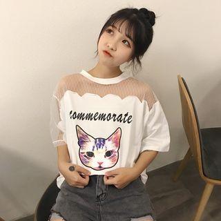 Print Short-sleeve Open Shoulder T-shirt