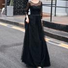 Long-sleeve Mesh A-line Evening Gown