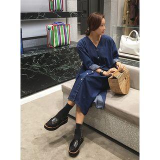 V-neck Buttoned-front Denim Long Dress