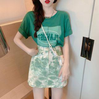 Short-sleeve Lettering T-shirt / Tie- Dye Mini Pencil Skirt