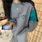 Smiley Print Color-block Loose-fit Sweatshirt Gray - One Size