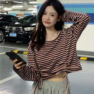 Long-sleeve Round-neck Drawstring Striped Top