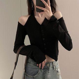 Long-sleeve V-neck Cold-shoulder Knit Halter Top
