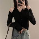 Long-sleeve V-neck Cold-shoulder Knit Halter Top