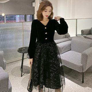 Long-sleeve Velvet Overlay Midi Dress
