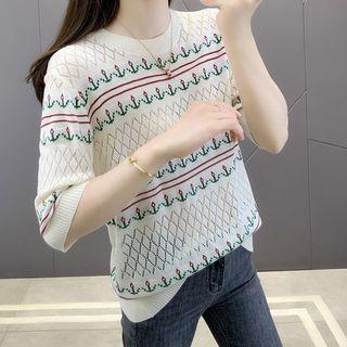 Elbow-sleeve Floral Pointelle Knit Top