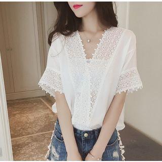 V-neck Crochet Lace Short-sleeve Blouse