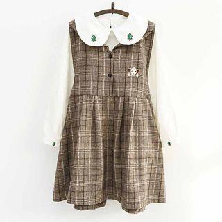 Dog Embroidered Sleeveless Plaid A-line Dress