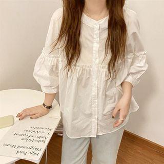 Puff-sleeve Round Neck Plain Panel Pleated Chiffon Shirt
