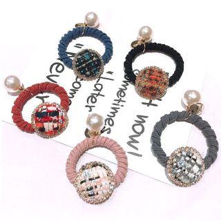 Rhinestone Button Faux Pearl Hair Tie