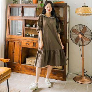 Laced Puritan-collar Frill-hem Long Dress