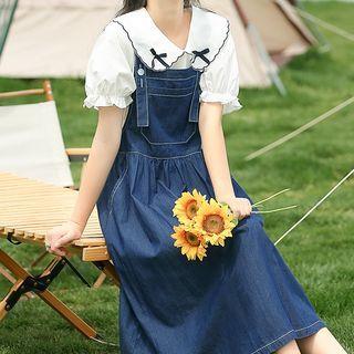 Short-sleeve Bow Accent Blouse / Denim Midi Overall Dress / Set