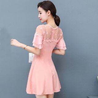 Dotted Mesh Panel Short Sleeve Dress