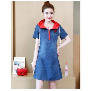 Hooded Short-sleeve Denim A-line Dress