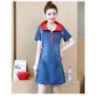 Hooded Short-sleeve Denim A-line Dress