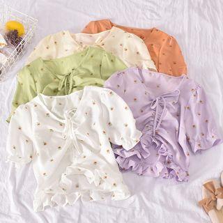 Short-sleeve Embroidered Drawstring Blouse