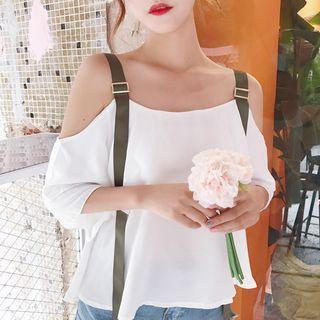 Buckled Strap Cut Out Shoulder 3/4 Sleeve Top