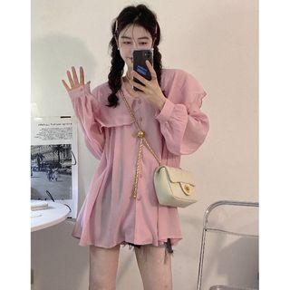 Puff-sleeve Plain Shirt Dress Pink - One Size