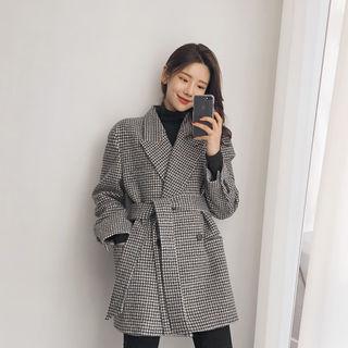 Checked Wool Blend Coat With Sash One Size