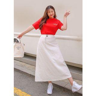 Plus Size - Belted Linen Blend Long Skirt