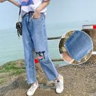 High-waist Lettering Ripped Wide-leg Jeans