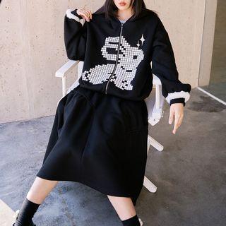 Rabbit Print Hooded Zip Jacket / Midi A-line Skirt
