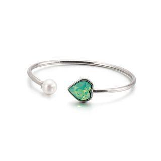 Fashion And Simple Heart-shaped Green Cubic Zirconia Imitation Pearl 316l Stainless Steel Bangle Silver - One Size