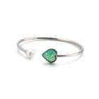 Fashion And Simple Heart-shaped Green Cubic Zirconia Imitation Pearl 316l Stainless Steel Bangle Silver - One Size