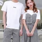 Women Short-sleeve Plaid Panel T-shirt Dress / Men Set: T-shirt + Shorts